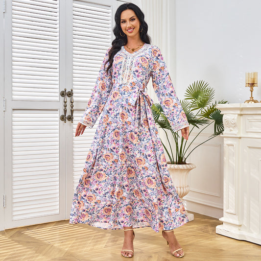 Middle Eastern clothing Muslim robe women's long dress summer new hot sale printed diamond-encrusted robe evening dress dress