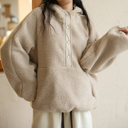 Lamb wool hooded top women's clothing fresh and sweet half-open button thermal sweater lazy solid color long-sleeved jumper