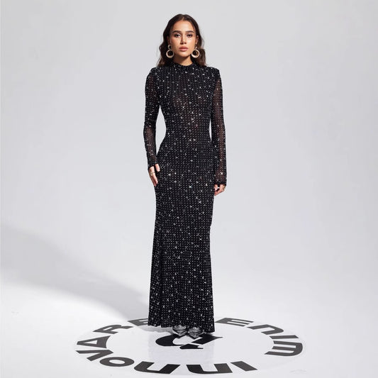 2025 2025 new hot-selling black dress fashionable and sexy suspender rhinestone tight long-sleeved temperament dress