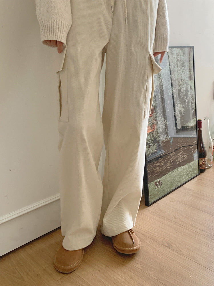 Korean spring and autumn loose overalls corduroy warm thickened strips high waist wide legs casual straight pants women