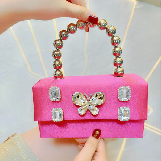 SIXSR 2025 New New diamond-encrusted butterfly rhinestone hand bag small square bag banquet silk satin shoulder messenger dinner bag