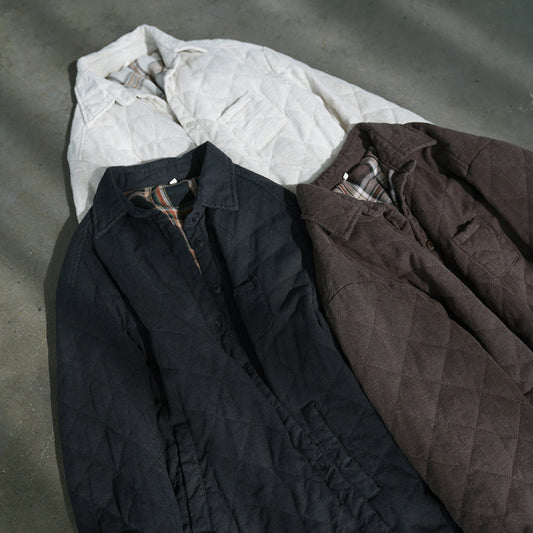 casual retro old linen padded shirt, simple commuter lapel plaid cotton coat W24386