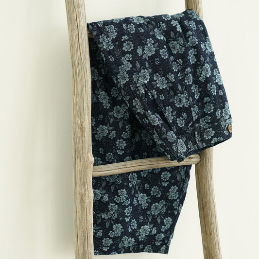 ethnic style creative jacquard thickened denim wide-leg pants, retro loose double-layer radish pants W24395