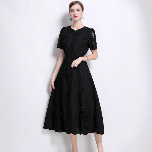 summer clothing  retro heavy industry hollow embroidery round neck waist short-sleeved dress women's slim skirt