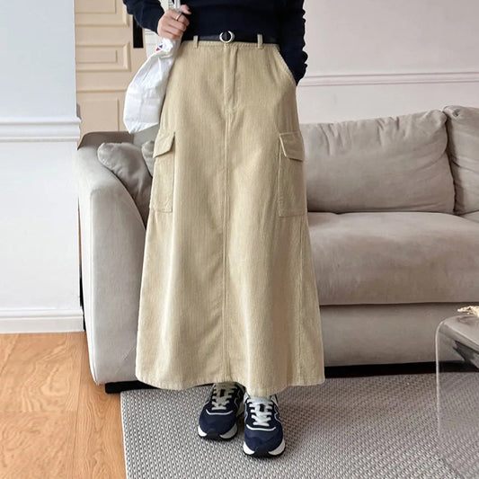 Retro corduroy skirt women's spring new pocket design solid color tooling skirt back split long skirt