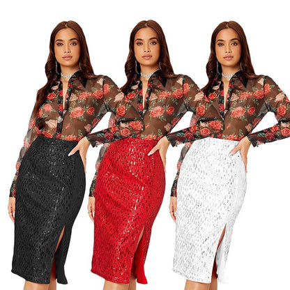 SIXSR Short skirt Spice girl Popular trade INS style skirt summer women's temperament slim hip skirt split sequined skirt women
