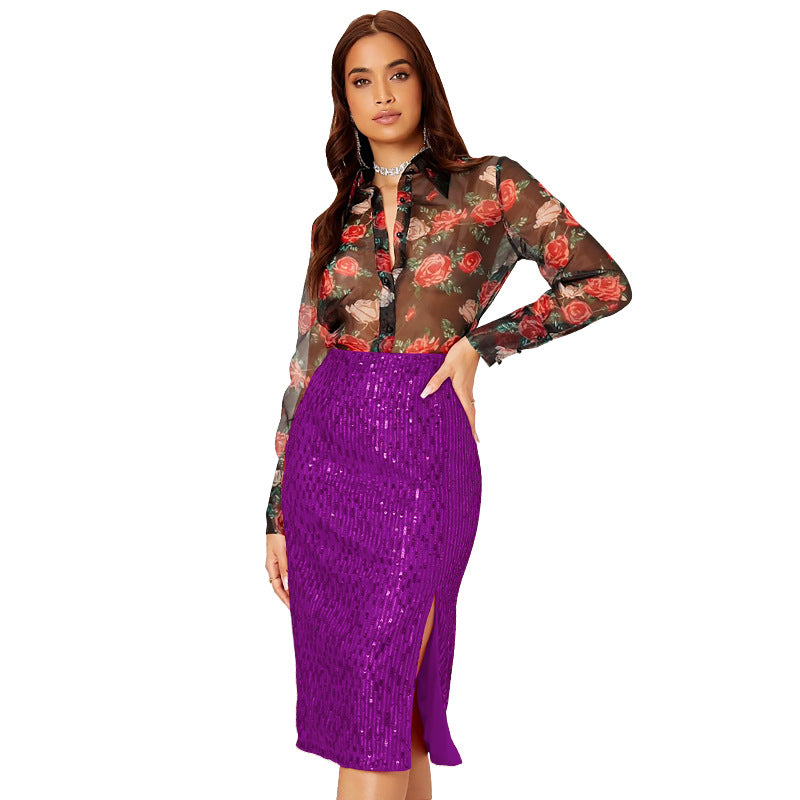 SIXSR Short skirt Spice girl Popular trade INS style skirt summer women's temperament slim hip skirt split sequined skirt women