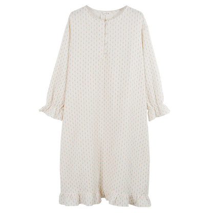 Pure cotton ruffle edge nightdress design sense lace lace splicing neckline sweet long dress lazy style long sleeve loungewear