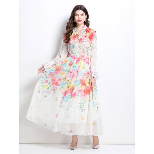 celebrities elegant lantern sleeves printed chiffon shirt + high waist drape skirt vacation style suit