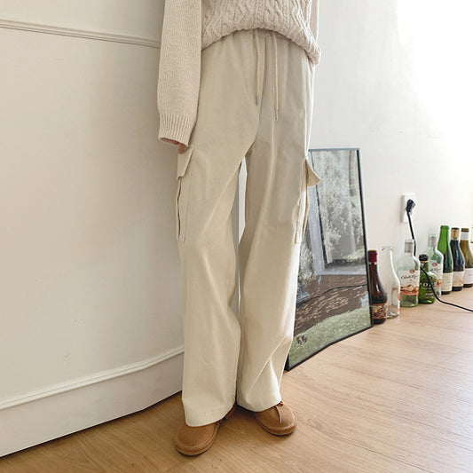 Korean spring and autumn loose overalls corduroy warm thickened strips high waist wide legs casual straight pants women