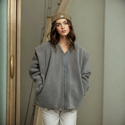 SIXSR D24TP430 2025 women's clothing autumn and winter new solid color casual round neck zipper splicing long sleeve lamb wool jacket women