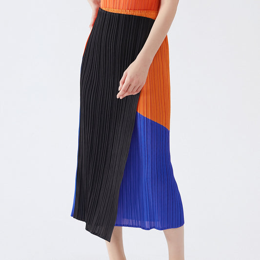Miyake spring summer casual style orange blue medium long slim pleated skirt high waist a-shaped skirt women's summer