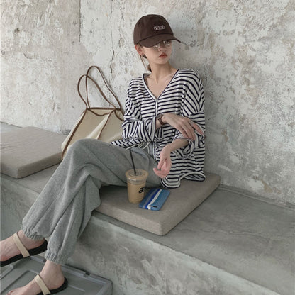 spring new striped knitted sweater, cotton and linen top v-neck air-conditioning sunscreen shirt versatile lazy long-sleeved cardigan
