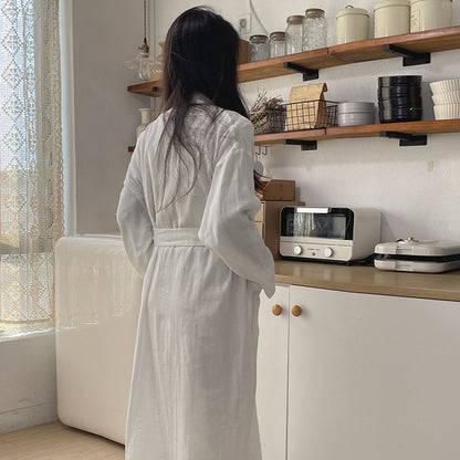 New solid color Japanese nightgown cotton yarn pajamas cardigan strap-up long-sleeved bathrobe women's loungewear loose long women's