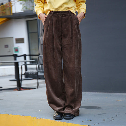Vintage Corduroy Mopping Wide Leg Pants Straight Versatile Loose Maillard Striped Velvet High Waist Casual Pants Women's Clothing