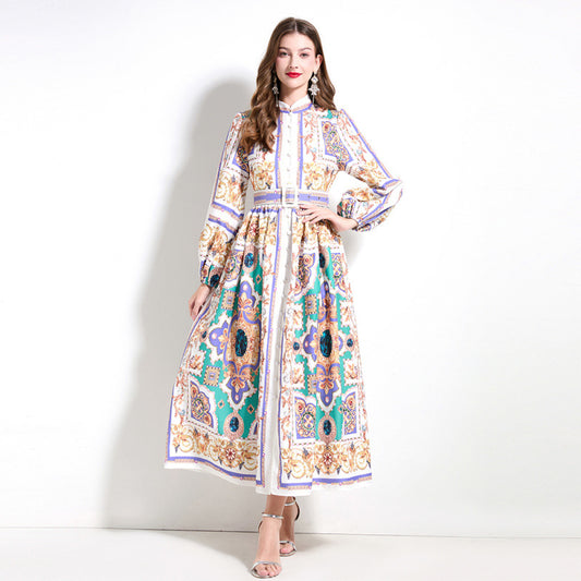 Popularan court style temperament dress spring dress women's shirt collar breasted slim fit long design printed skirt