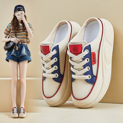 2025  summer new half-tray white shoes women's mesh breathable student board shoes casual thick sole height increase HB6608-1