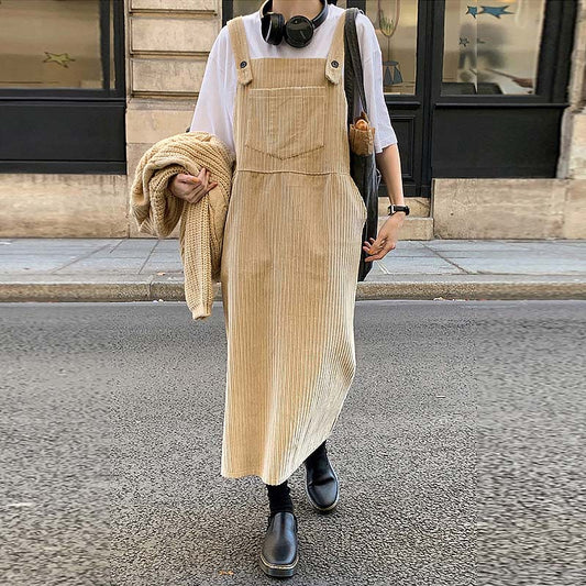 Korean corduroy strap skirt for women's autumn and winter high-end sense stacked wearing versatile straight A-shaped vest skirt striped velvet suspender skirt