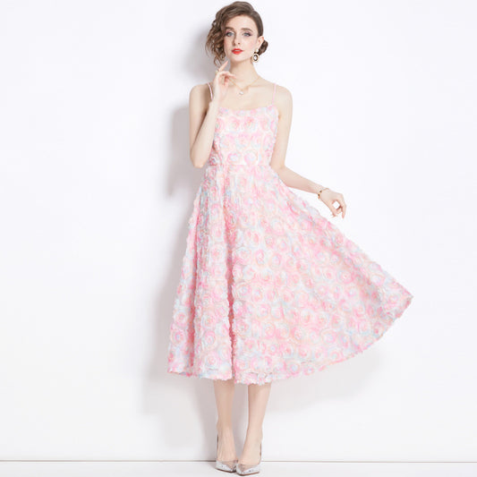 Summer new three-dimensional mesh flower dress design sense heavy industry waist thin banquet pink dress long dress