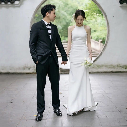 fairy light wedding dress  new temperament satin fishtail door yarn white simple trailing welcome dress