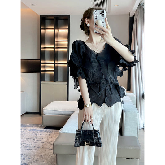 Miyake  summer designer transparent loose T-shirt  elegant versatile high-end pleated top