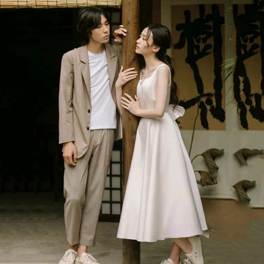 Fairy light wedding dress certificate daily  simple retro satin suspender Mori Hepburn style dress