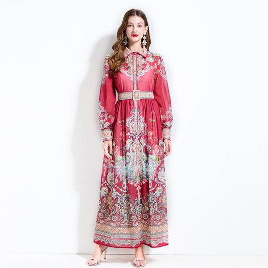 Popularan court style temperament dress spring dress women's shirt collar breasted slim fit long design printed skirt