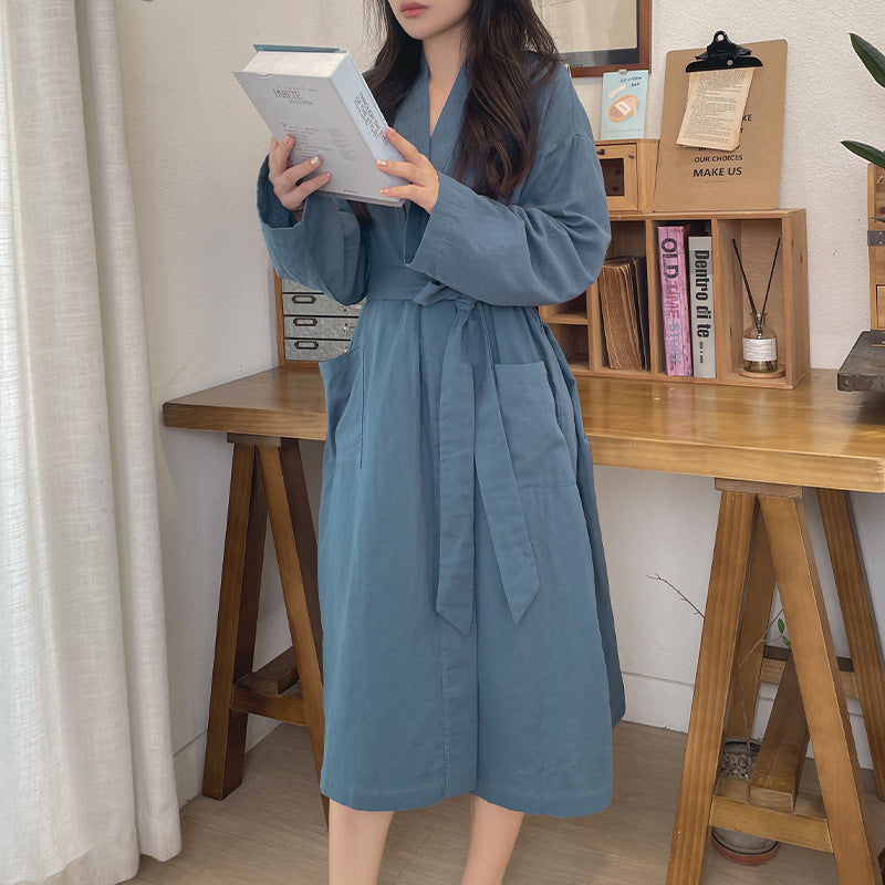 New solid color Japanese nightgown cotton yarn pajamas cardigan strap-up long-sleeved bathrobe women's loungewear loose long women's