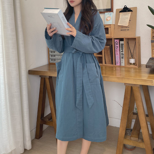 New solid color Japanese nightgown cotton yarn pajamas cardigan strap-up long-sleeved bathrobe women's loungewear loose long women's