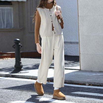 autumn and winter new corduroy straight-leg pants women's loose and thin thermal casual pants elastic waist solid color nine-point pants