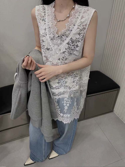 Siyuan, stacked artifact  V-neck heavy industry lace sleeveless lace vest bottoming shirt women's hollow fart curtain 9023