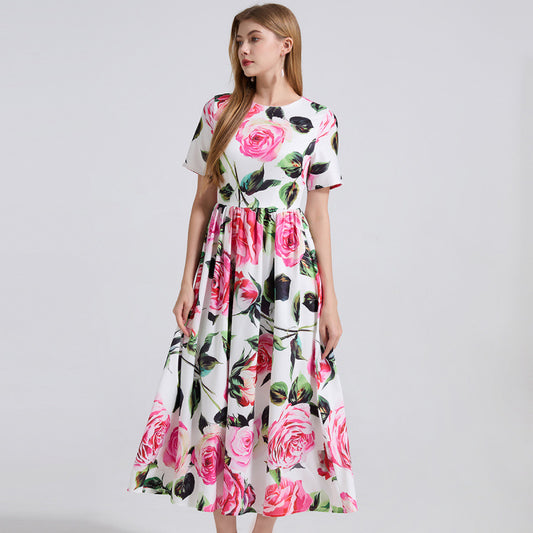New Popular trade women's clothing  summer catwalk new printed medium and long short-sleeved temperament dress women