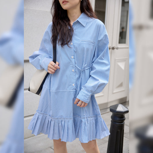 Classic blue striped dress spring new women's clothing lapel single-breasted skirt long-sleeved lace-up shirt skirt