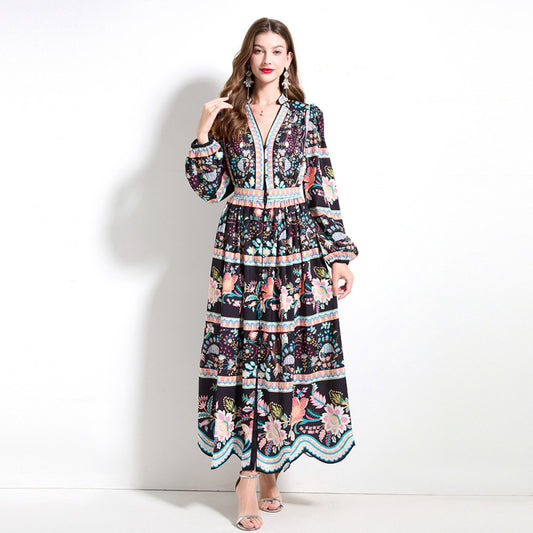 Popular trade celebrity retro printing dress women's new waist temperament V-neck single-breasted long dress