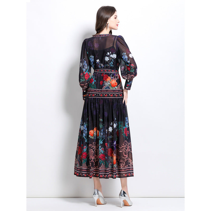 Spring and Autumn  court style temperament thin  chiffon mesh dress women's big pendulum A-word printing long dress