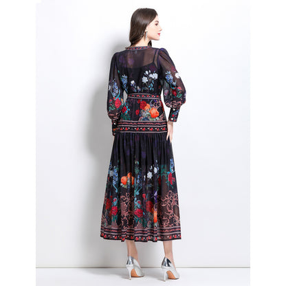Spring and Autumn  court style temperament thin  chiffon mesh dress women's big pendulum A-word printing long dress