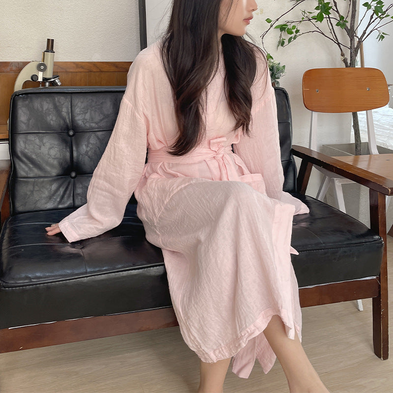 New solid color Japanese nightgown cotton yarn pajamas cardigan strap-up long-sleeved bathrobe women's loungewear loose long women's