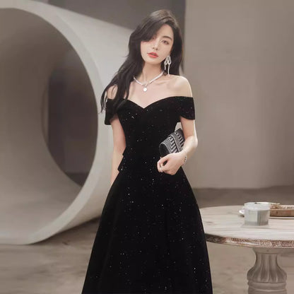 One-word shoulder black host evening dress dress banquet temperament  new star velvet summer long