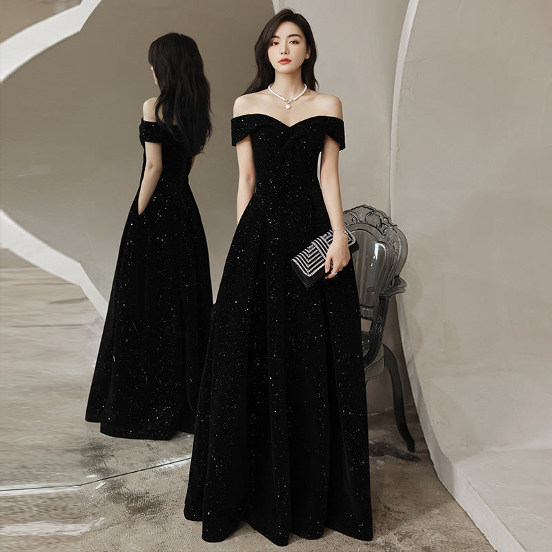 One-word shoulder black host evening dress dress banquet temperament  new star velvet summer long