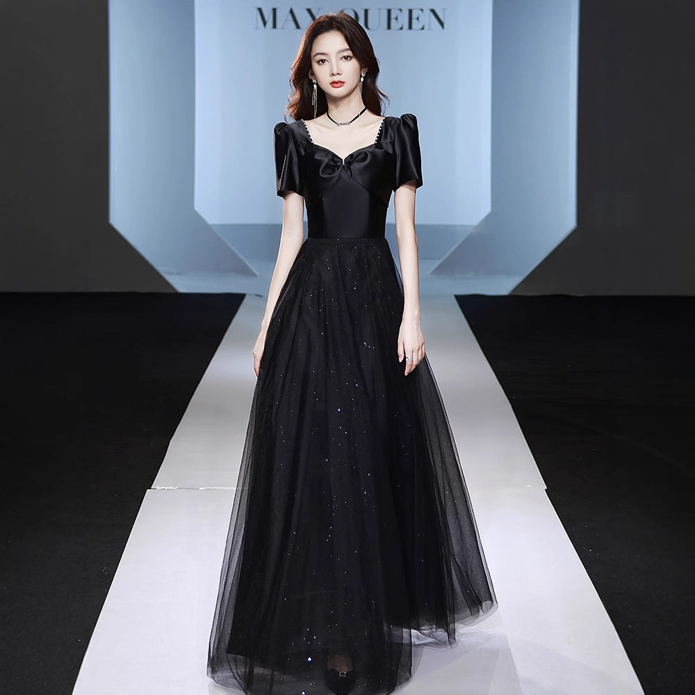 Banquet black evening dress dress  new temperament host female student art examination temperament dress spring
