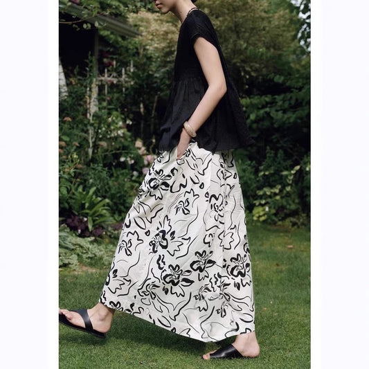 Siyuan, Fauvism Art Black and White Printing A-character Slack Skirt  Cotton White Skirt Women 7804