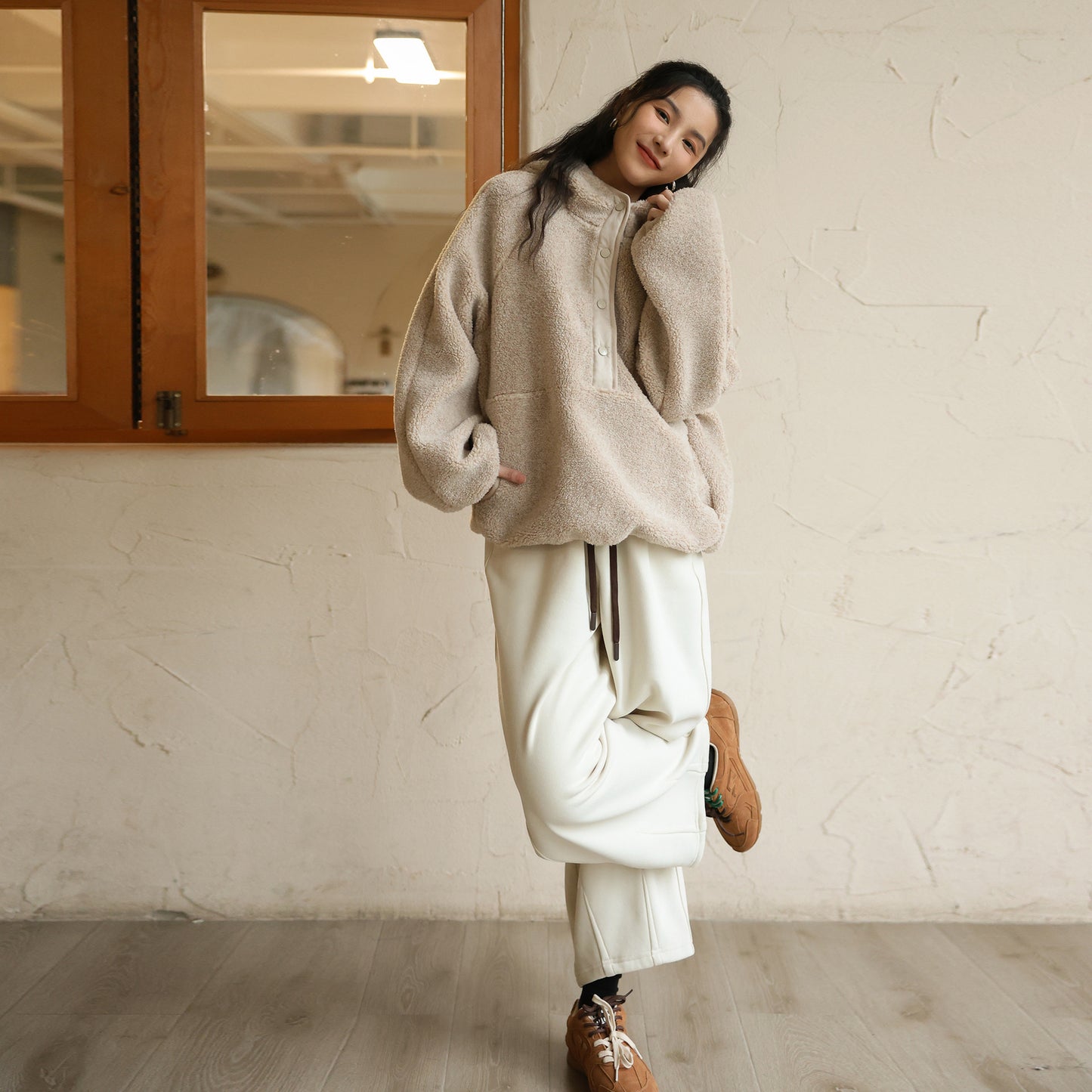 Lamb wool hooded top women's clothing fresh and sweet half-open button thermal sweater lazy solid color long-sleeved jumper