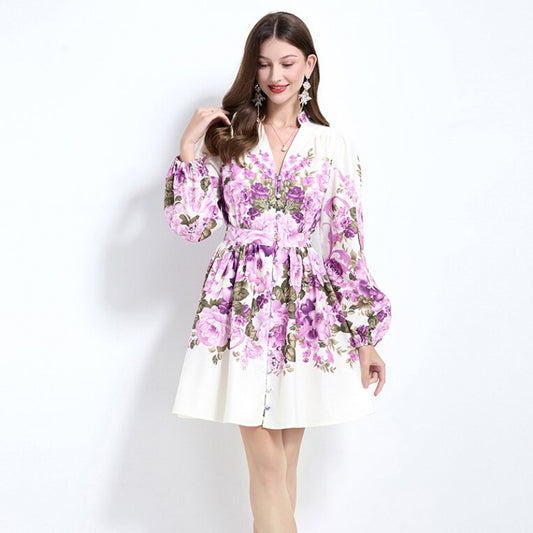 retro court style dress women's waist and thin V-neck single-breasted design long-sleeved printed elegant A-shaped skirt