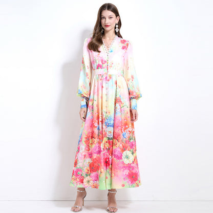 Holiday style dress women's  new  V-neck lace splicing lantern sleeve waist printed chiffon dress