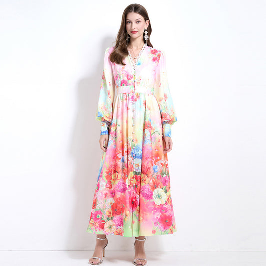 Holiday style dress women's  new  V-neck lace splicing lantern sleeve waist printed chiffon dress