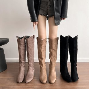2025 Retro suede thin boots long boots women's popular autumn and winter new models but knee long knight boots pointed pile boots