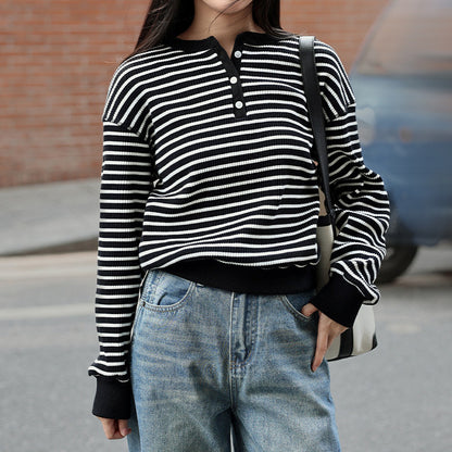 Contrasting striped knitted sweater autumn classic versatile half-open top women's loose and thin crew neck jumper