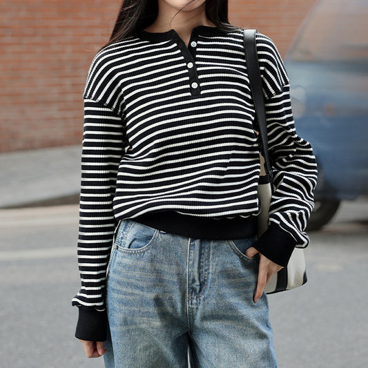 Contrasting striped knitted sweater autumn classic versatile half-open top women's loose and thin crew neck jumper
