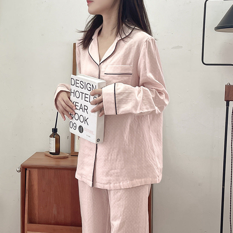 New Internet celebrity pure cotton contrasting polka dot couple pajamas set Korean version of simple high-end lapel long-sleeved cardigan