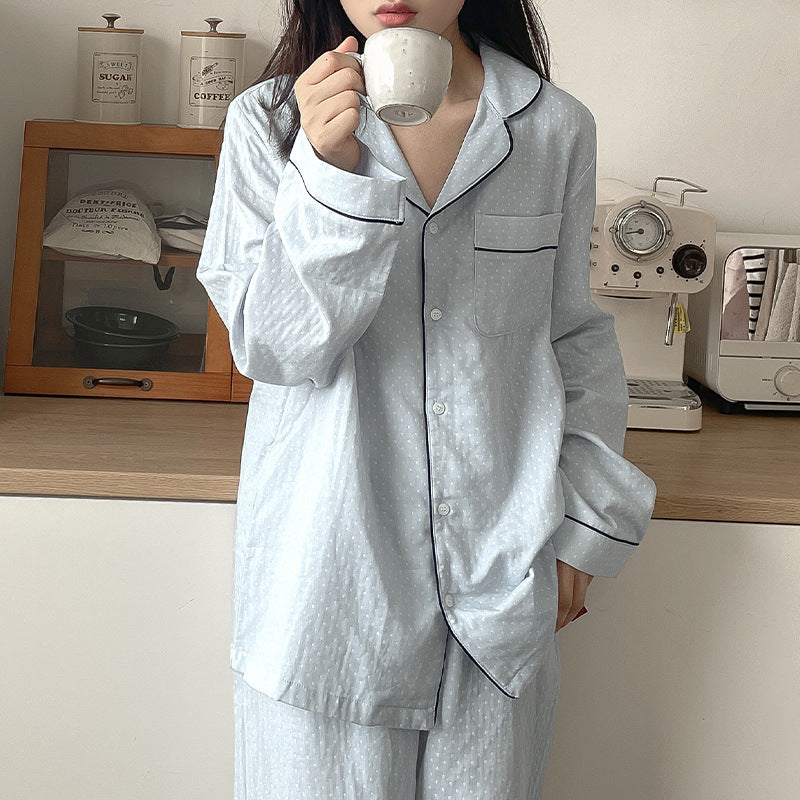 New Internet celebrity pure cotton contrasting polka dot couple pajamas set Korean version of simple high-end lapel long-sleeved cardigan